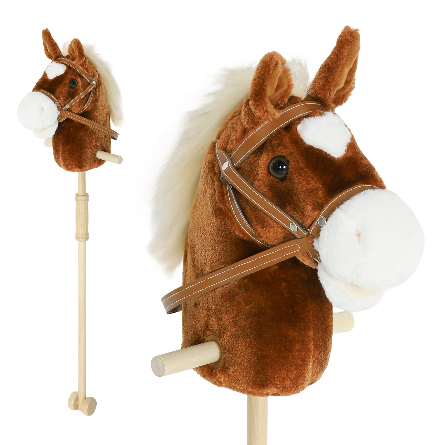 Stick Horse with Wood Wheels, Real Pony Neighing and Galloping Sounds, Grip Handle, 95 cm, Brown