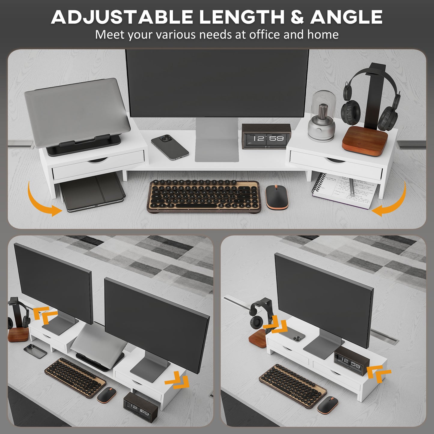 Dual Monitor Stand Riser with 2 Drawers, Adjustable Length and Angle, 116cm Monitor Riser for Laptop, Computer, PC