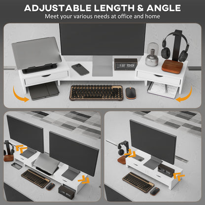 Dual Monitor Stand Riser with 2 Drawers, Adjustable Length and Angle, 116cm Monitor Riser for Laptop, Computer, PC