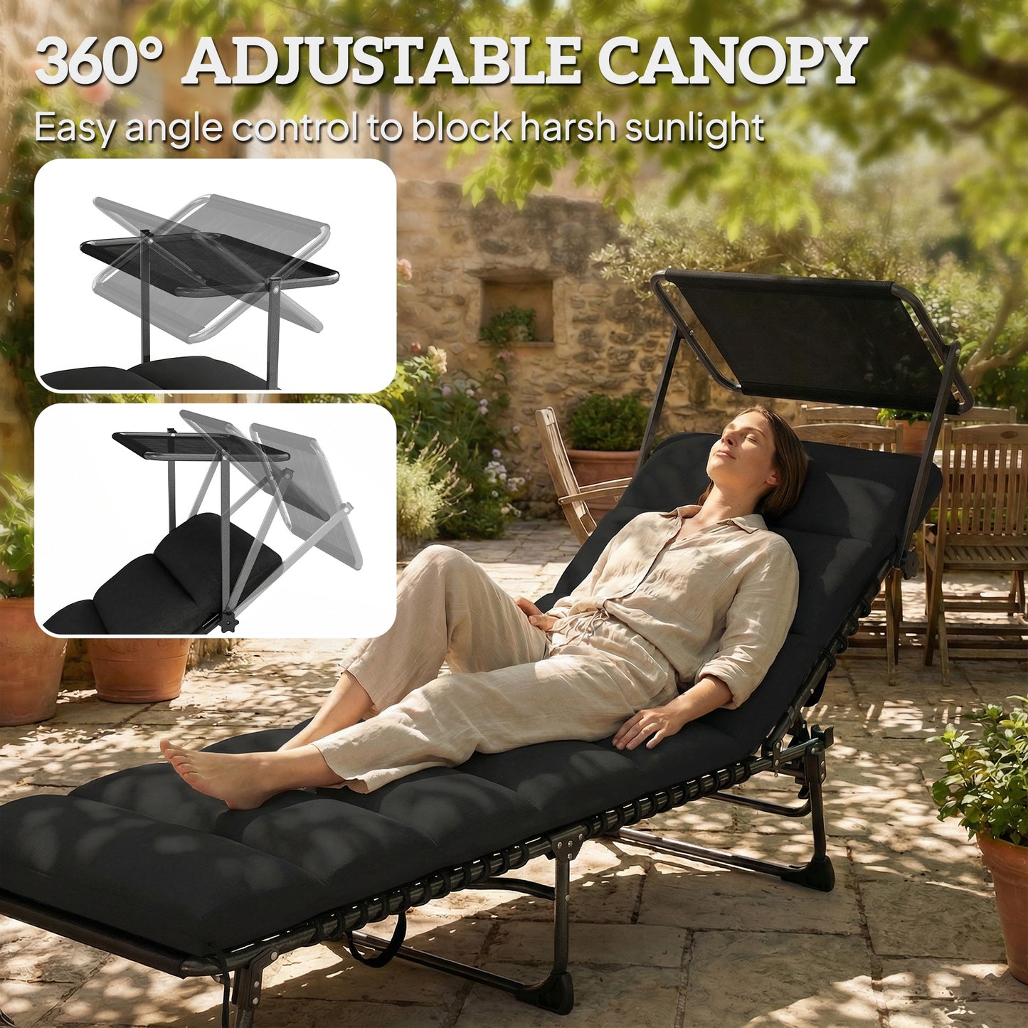 Folding Sun Lounger with Canopy, Reclining Sunbed with Cushion, Side Pocket, Carrying Handle, Black
