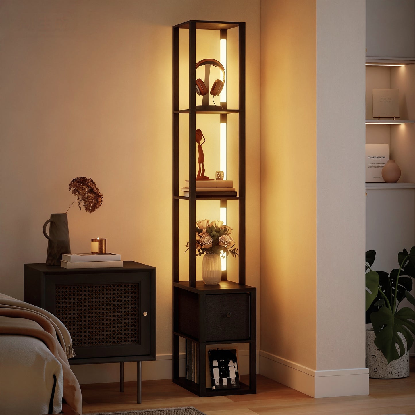 Floor Lamp with Shelves, LED Column Modern Standing Lamp with Fabric Drawer, Adjustable Brightness