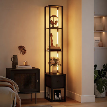 Floor Lamp with Shelves, LED Column Modern Standing Lamp with Fabric Drawer, Adjustable Brightness