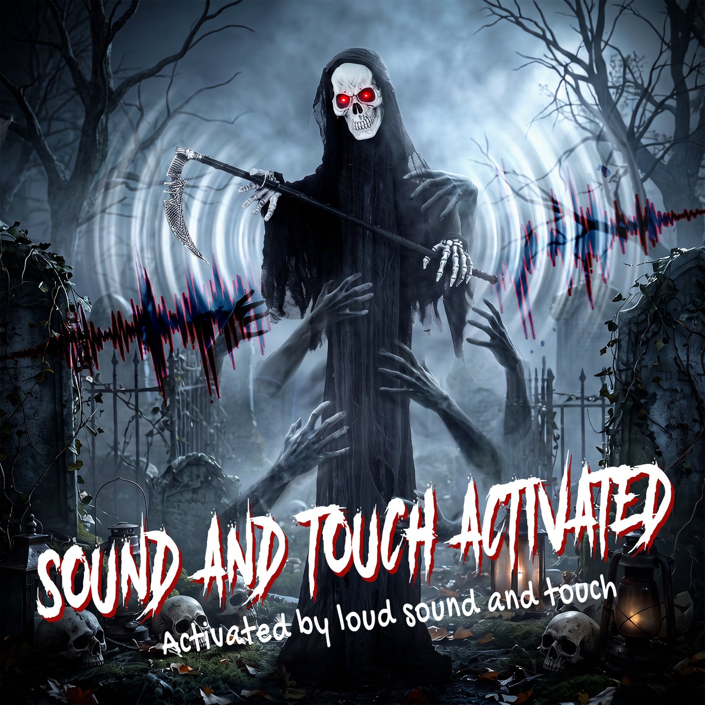 183cm Life Size Animated Grim Reaper Halloween Decoration, Scary Halloween Animatronics Decor with Sound Touch Activated