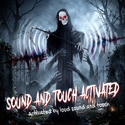 183cm Life Size Animated Grim Reaper Halloween Decoration, Scary Halloween Animatronics Decor with Sound Touch Activated