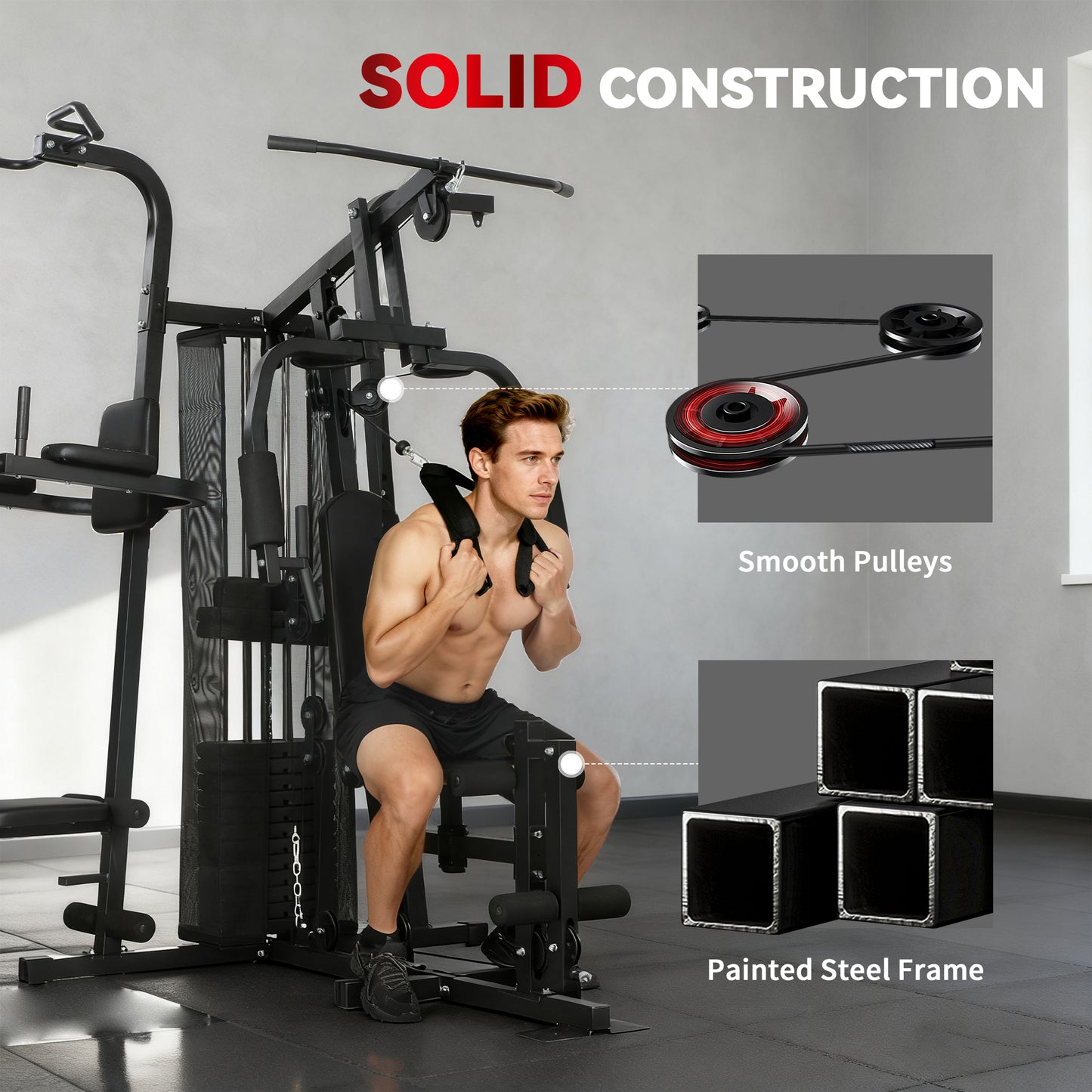 All-in-One Home Gym Machine, Multifunctional Power Cage with 69 kg Weight Stack and Pulley System, Black