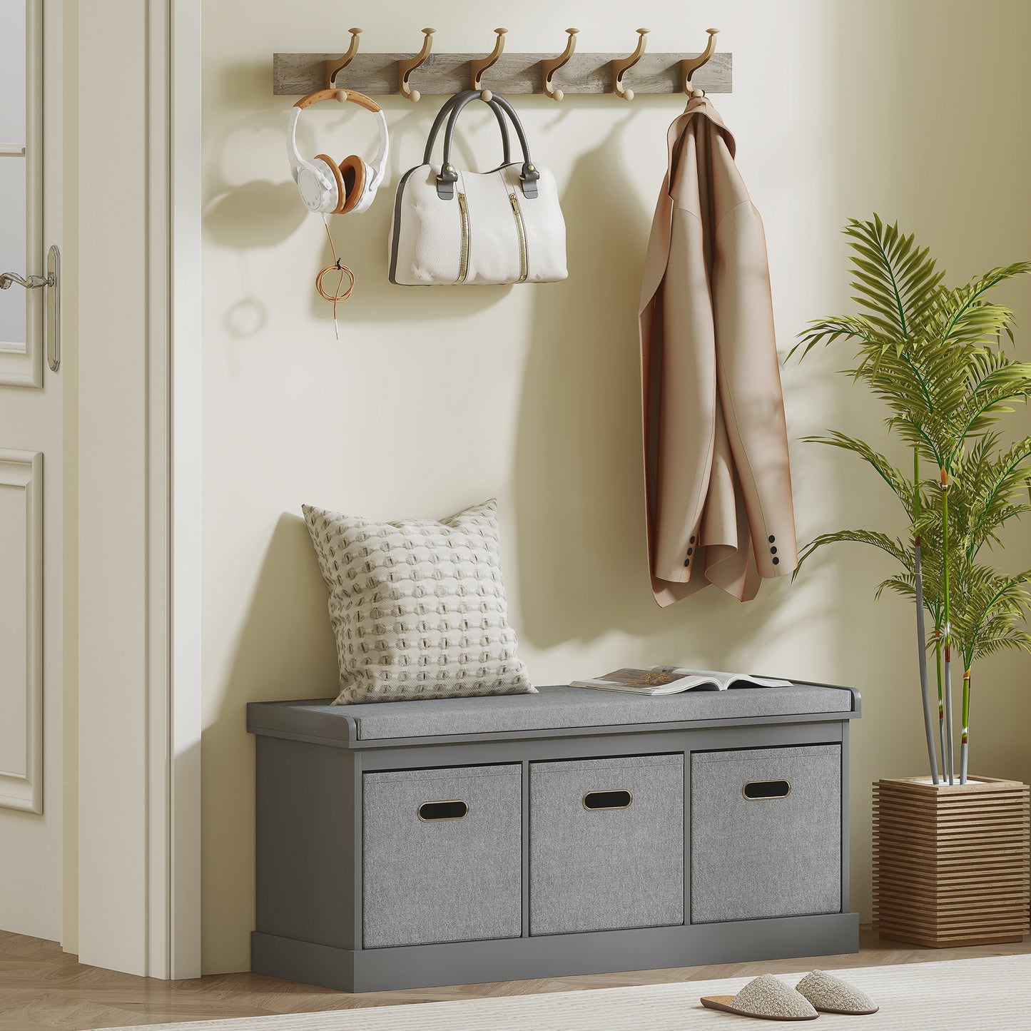 Three-Drawer Shoe Storage Bench, with Padded Top Seat - Grey
