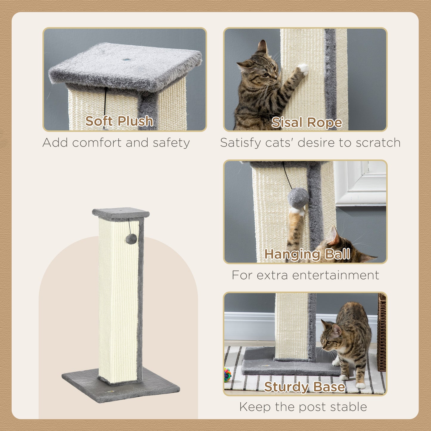 81cm Cat Scratcher, Vertical Full Scratcher w/ Natural Sisal Rope, Hanging Ball, Soft Plush - Grey