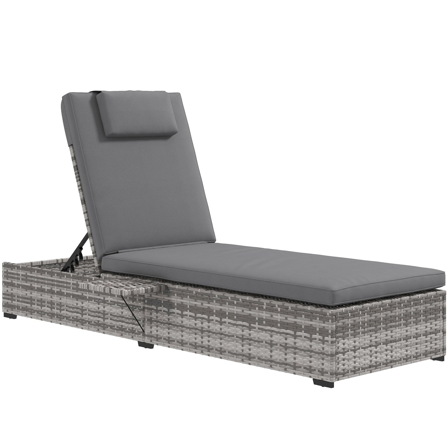 Outdoor Patio PE Rattan Lounger with Cushion, 5-Level Reclining Wicker Rattan Sun Lounger with Tea Tray, for Poolside, Patio