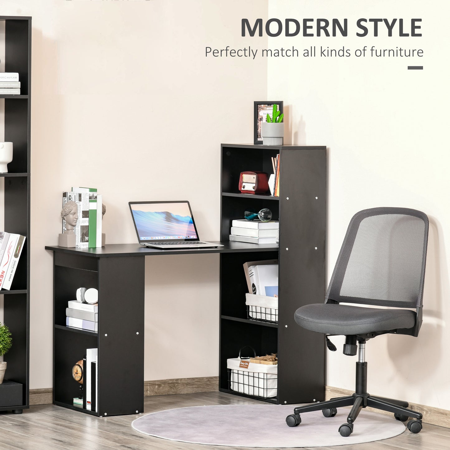 120cm Computer Desk, Wooden PC Laptop Table with 6-Tier Storage Bookshelves, Home Office Working Study Desk