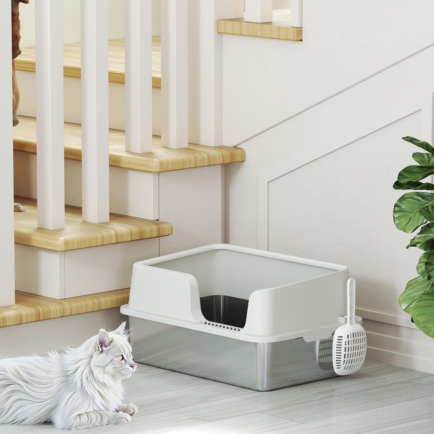 Stainless Steel Litter Box with Detachable Rim, Scoop, Easy Cleaning, Odour-Resistant, 60 x 40 x 28 cm