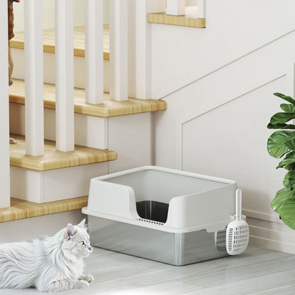 Stainless Steel Litter Box with Detachable Rim, Scoop, Easy Cleaning, Odour-Resistant, 60 x 40 x 28 cm