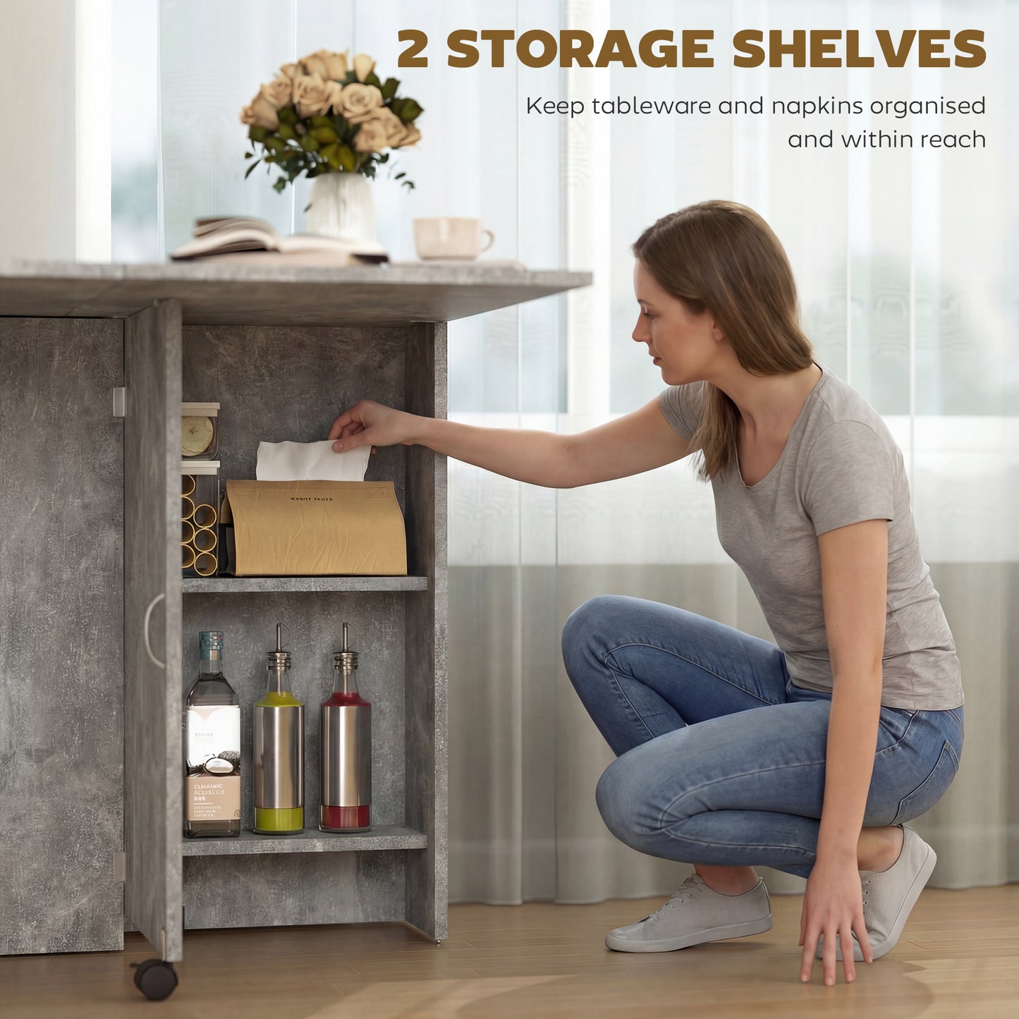 80-140 cm Folding Dining Table for 4-6 People, Drop Leaf Table with 2-Tier Shelves, Rolling Casters, for Small Spaces