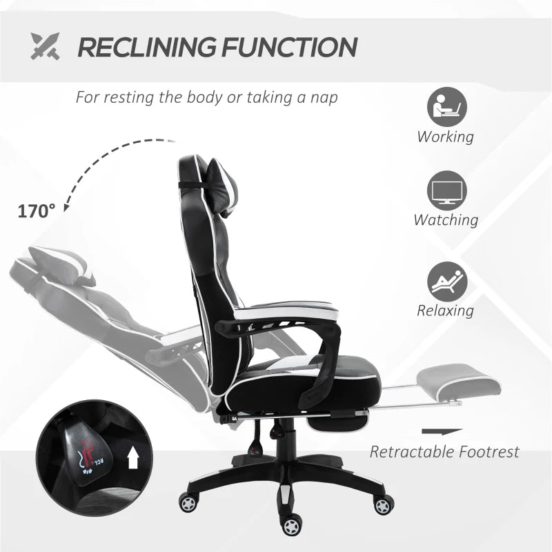 Computer Gaming Chair with Lumbar Support and Footrest - Black / White