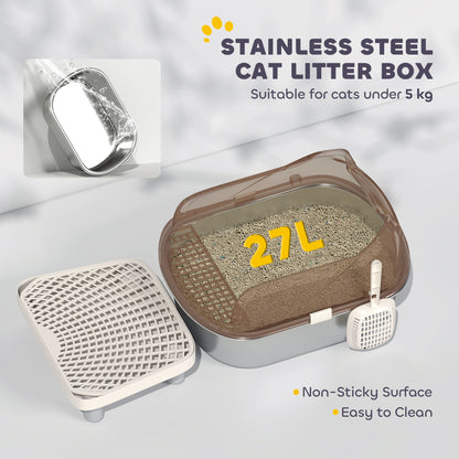 Stainless Steel Litter Box with Lid, High Wall Sided Enclosure, Pedal, Scoop, Non-Sticky, Anti-Leakage, Easy Cleaning