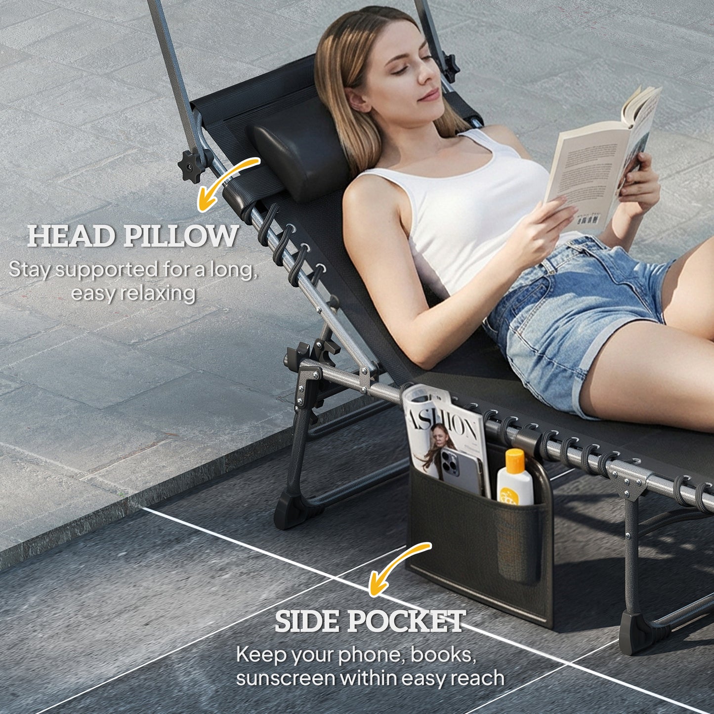 Folding Sun Lounger with Canopy, Reclining Sunbed with Cushion, Side Pocket, Carrying Handle, Light Grey