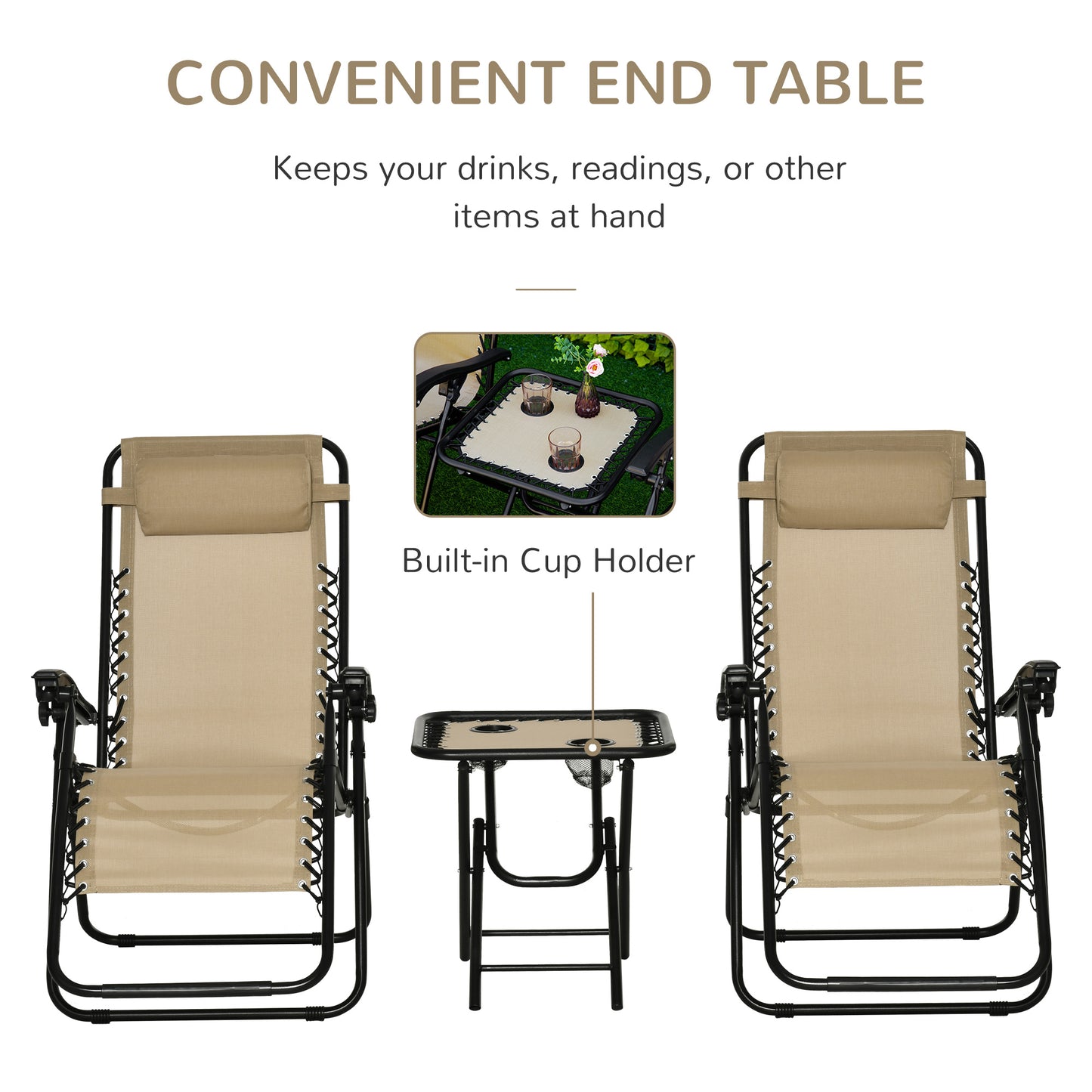 Folding Zero Gravity Chairs, 3 Pieces Adjustable Sun Lounger and Table Set with Cup Holder and Headrest