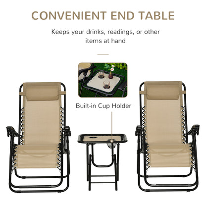 Folding Zero Gravity Chairs, 3 Pieces Adjustable Sun Lounger and Table Set with Cup Holder and Headrest