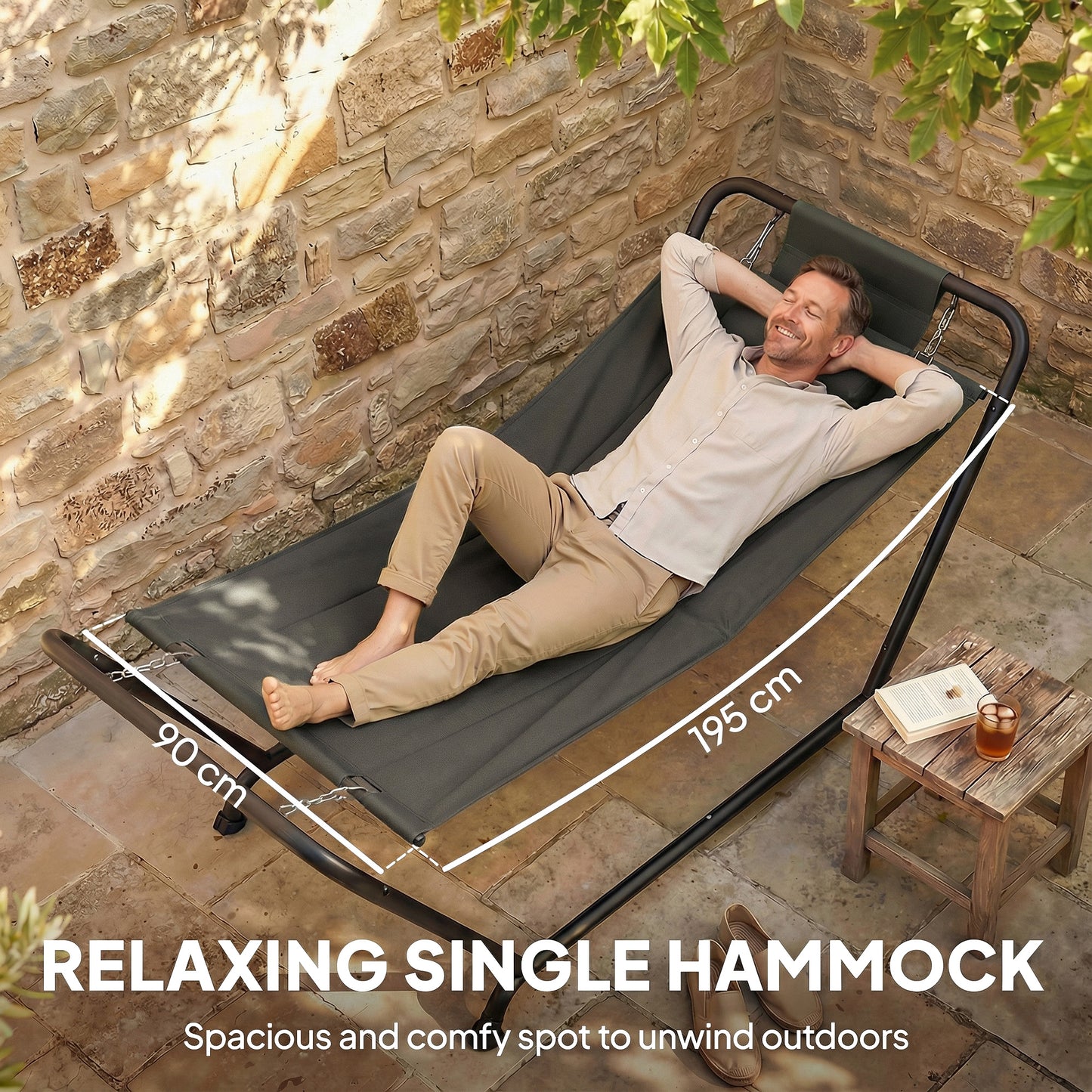 Outdoor Hammock with Stand, Freestanding Hammock with Side Pocket, Headrest for Patio, Balcony, Porch, Dark Grey