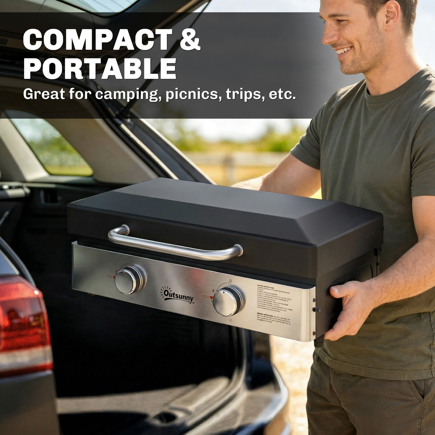 2 Burner Grill Griddle, Portable Gas Plancha, 6 kW, Tabletop Gas BBQ with Grease Cup for Camping Picnic Patios, Black