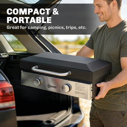 2 Burner Grill Griddle, Portable Gas Plancha, 6 kW, Tabletop Gas BBQ with Grease Cup for Camping Picnic Patios, Black