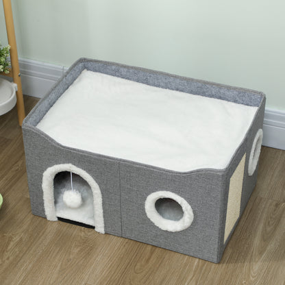 Cat Bed for Indoor Pets, Foldable Cat House with Fluffy Ball and Scratch Pad for Small and Medium Pets, Grey