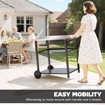 Outdoor Grill Cart with Stainless Steel Tabletop for Kitchen Prep, Two-Tier Pizza Oven Stand on Wheels, Black