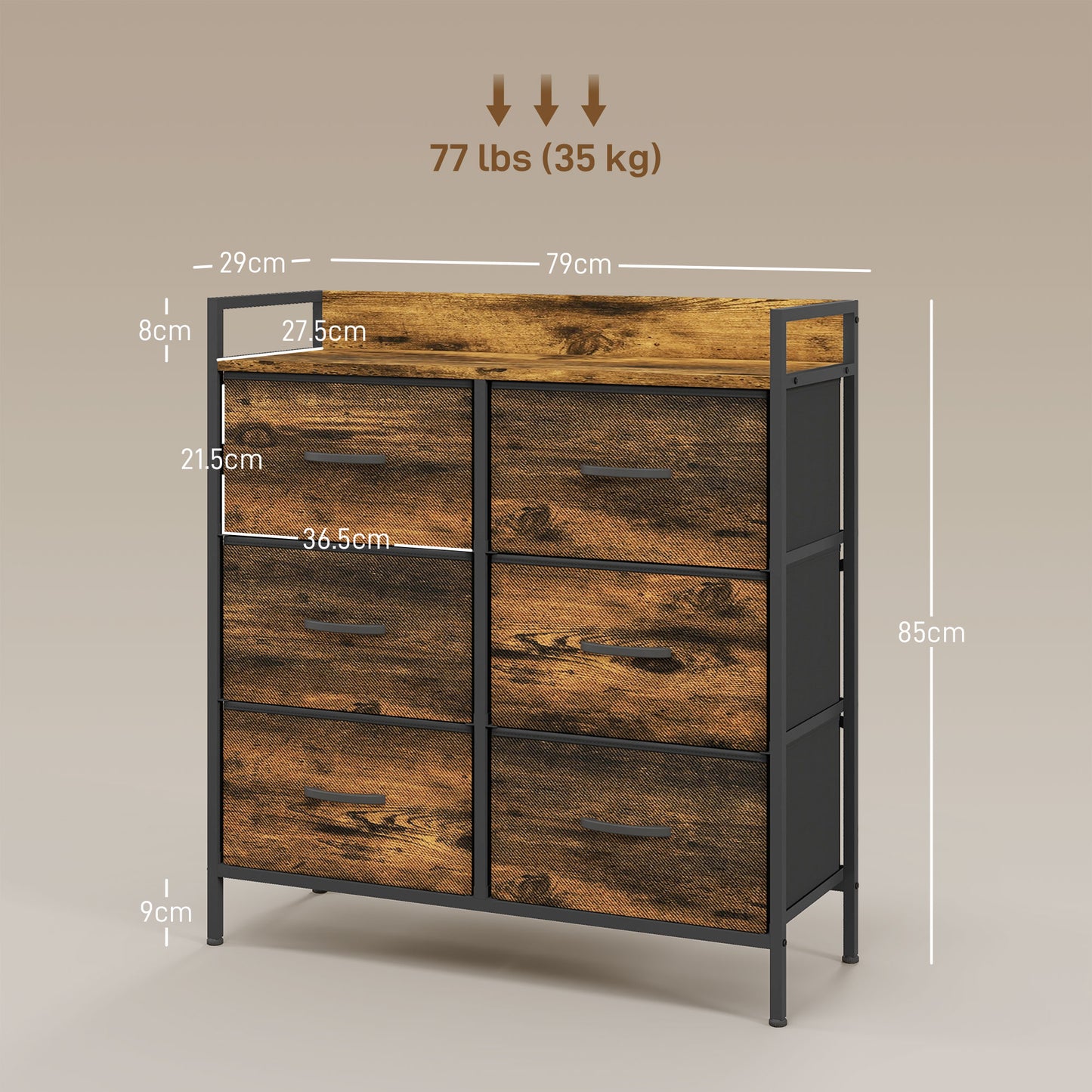 Rustic Chest of Six Fabric Drawers - Rustic Brown