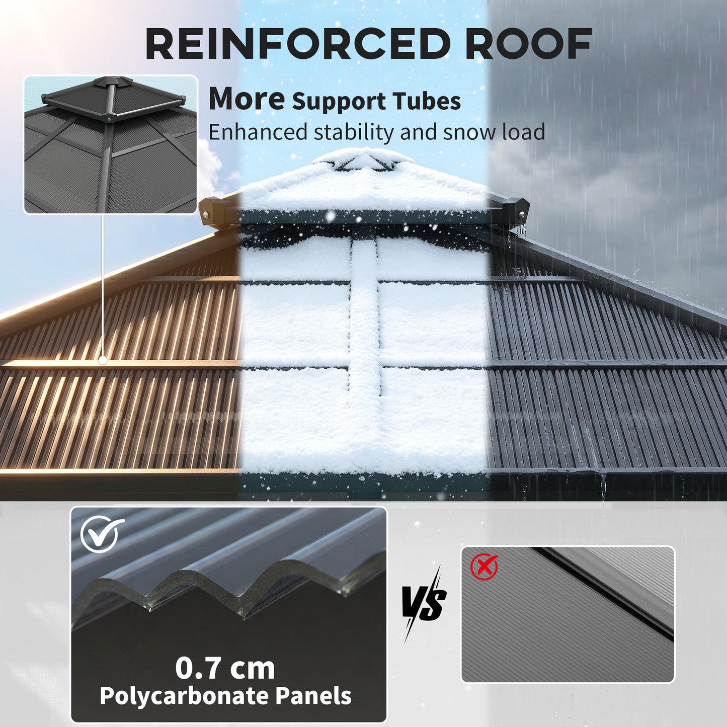 3 x 3(m) Hardtop Gazebo Canopy with 7mm Polycarbonate Double-Tier Roof, Garden Gazebo Permanent Pavilion