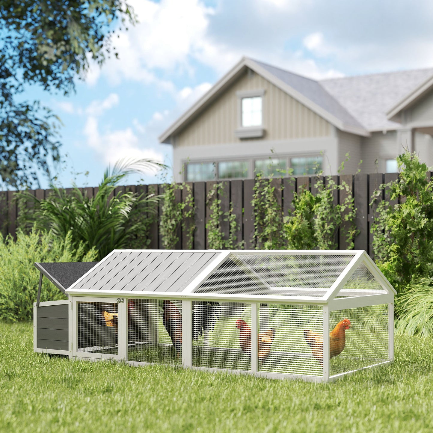 Wooden Chicken Coop with Nesting Box, Openable Roof, for 4-8 Chickens, White