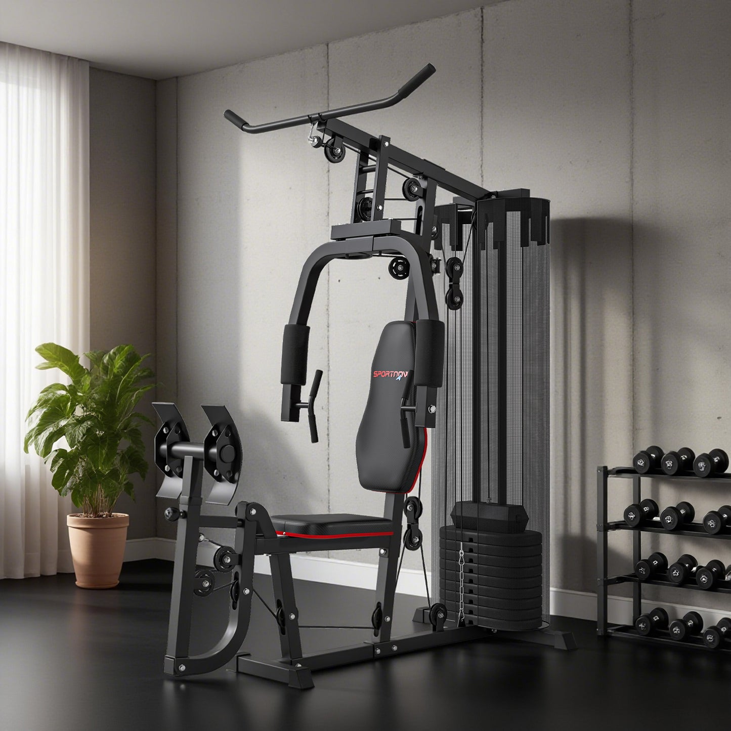 Weights Machine, Multi Gym with 45kg Weight Stack, Compact Home Gym Leg Press Machine for Full Body Training