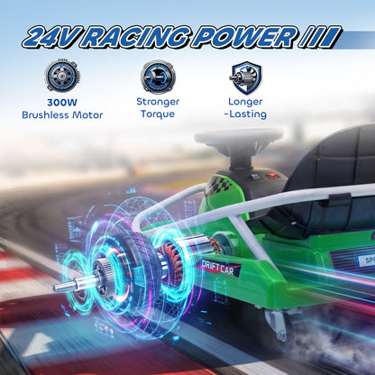 24V Electric Go Kart for Kids with Drift Mode, 300W Brushless Motor, Soft Start and Dual Speed for Ages 6-10, Green