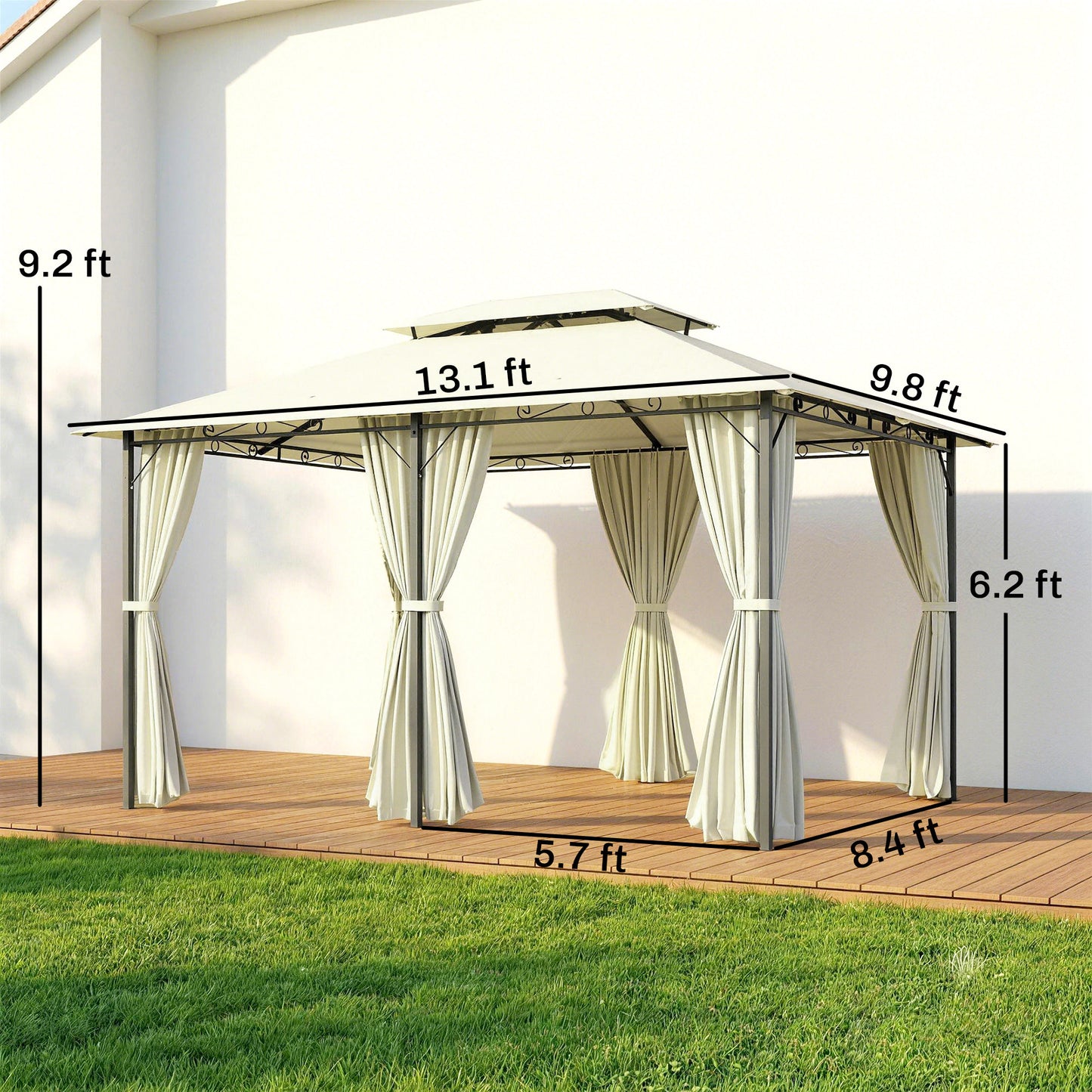 4m x 3(m)Garden Gazebo, Double Roof Outdoor Gazebo Canopy Shelter with Curtains, Solid Steel Frame for Lawn and Deck, Beige