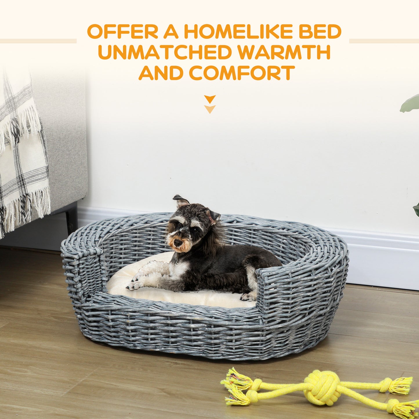 Wicker Pet Bed Willow Dog Cat Sofa Puppy Basket with Cushion Grey 57L x 46W x 17.5H cm