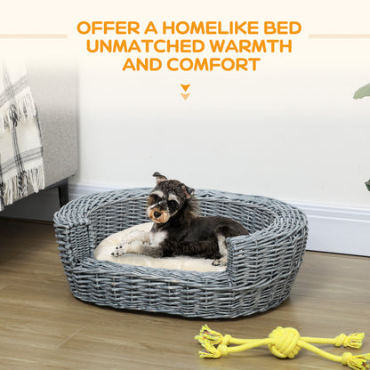 Wicker Pet Bed Willow Dog Cat Sofa Puppy Basket with Cushion Grey 57L x 46W x 17.5H cm