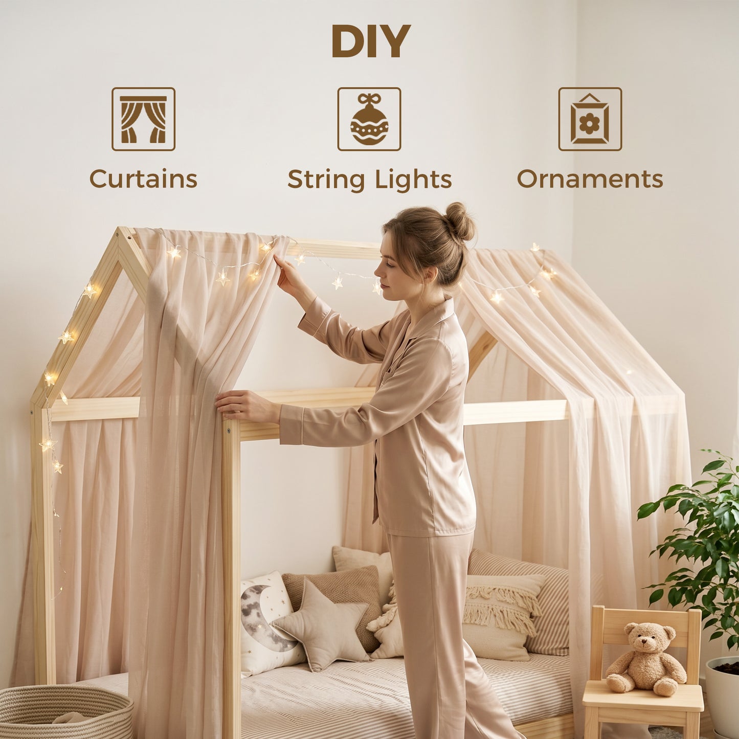 Single Bed Frame, House Scandinavian Wooden Bed Frame for 90W x 190Dcm Mattress, Pine Wood Bed Base, Natural Wood Finish