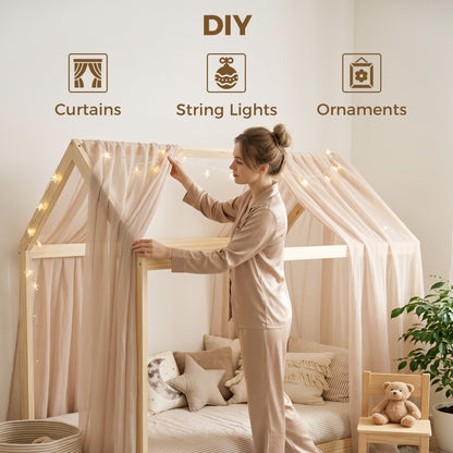 Single Bed Frame, House Scandinavian Wooden Bed Frame for 90W x 190Dcm Mattress, Pine Wood Bed Base, Natural Wood Finish