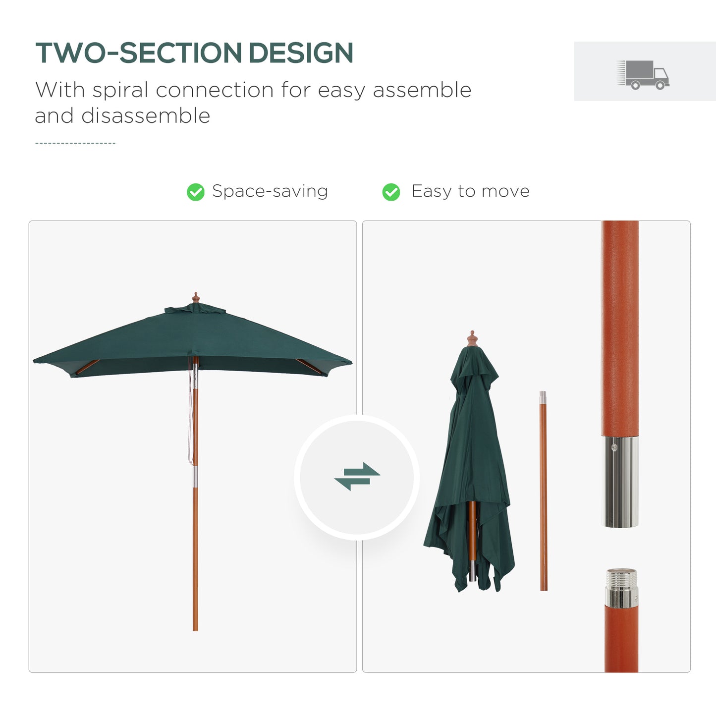 2m x 1.5m Garden Parasol Umbrella with Tilting Sunshade Canopy, Outdoor Market Table Umbrella with Wood and Bamboo Frame