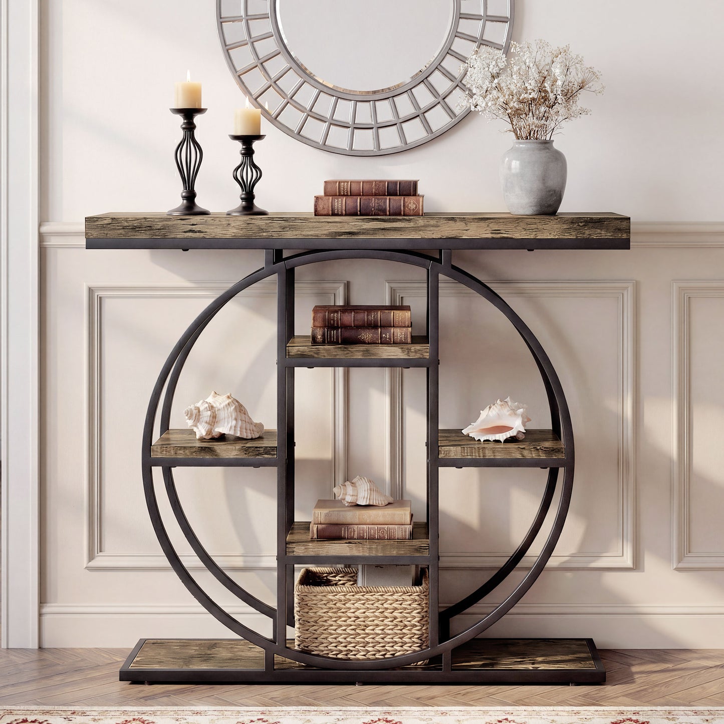 Industrial Console Table with Storage Shelves - Rustic Brown