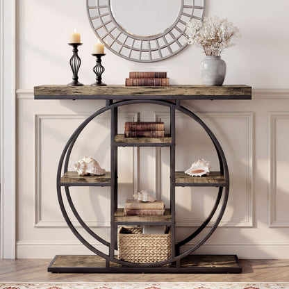 Industrial Console Table with Storage Shelves - Rustic Brown