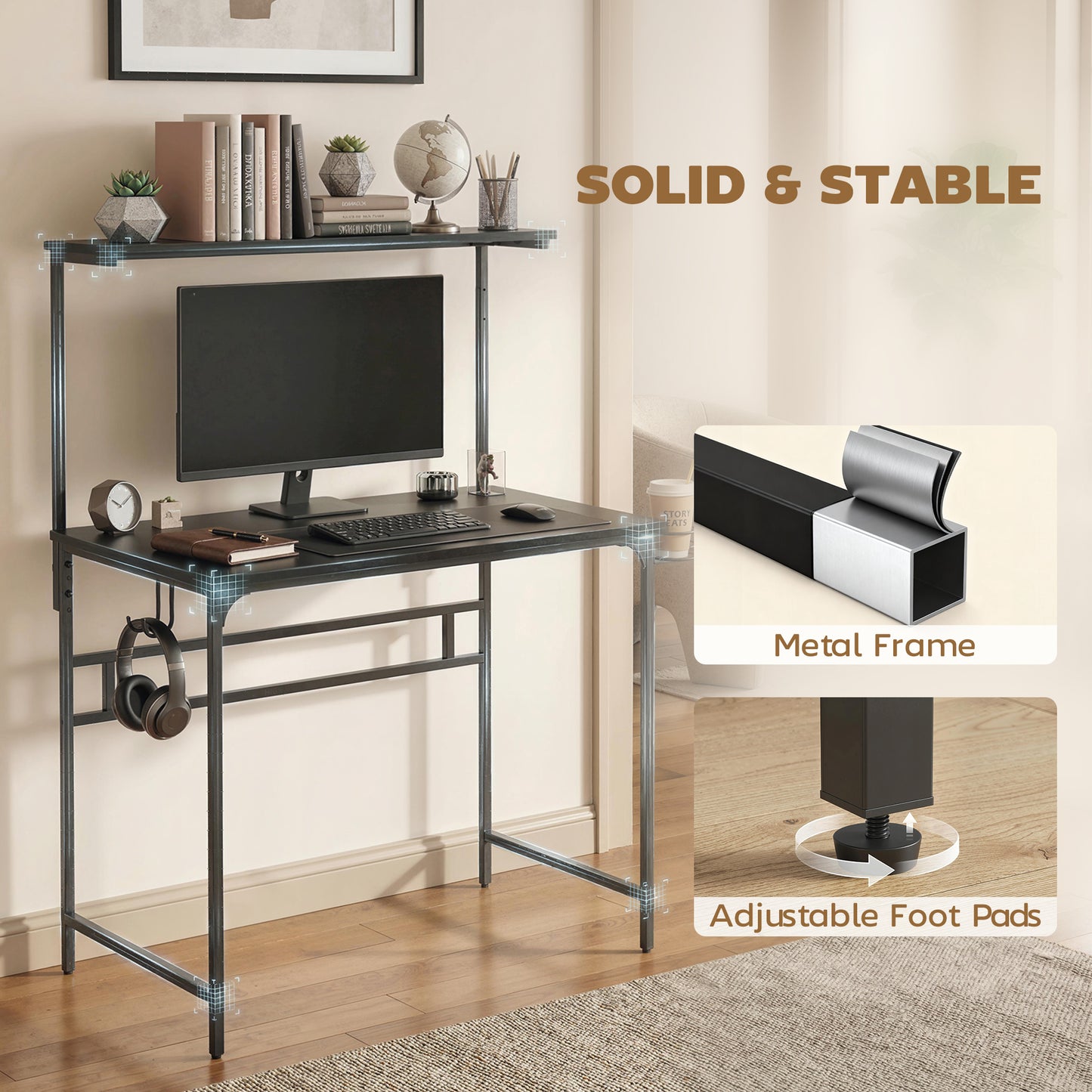 Computer Desk, 80cm Home Office Study Table with Hutch Shelf, Cup Holder, Headphone Hook, Black