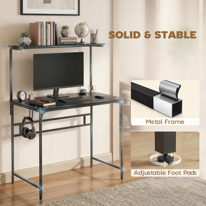 Computer Desk, 80cm Home Office Study Table with Hutch Shelf, Cup Holder, Headphone Hook, Black