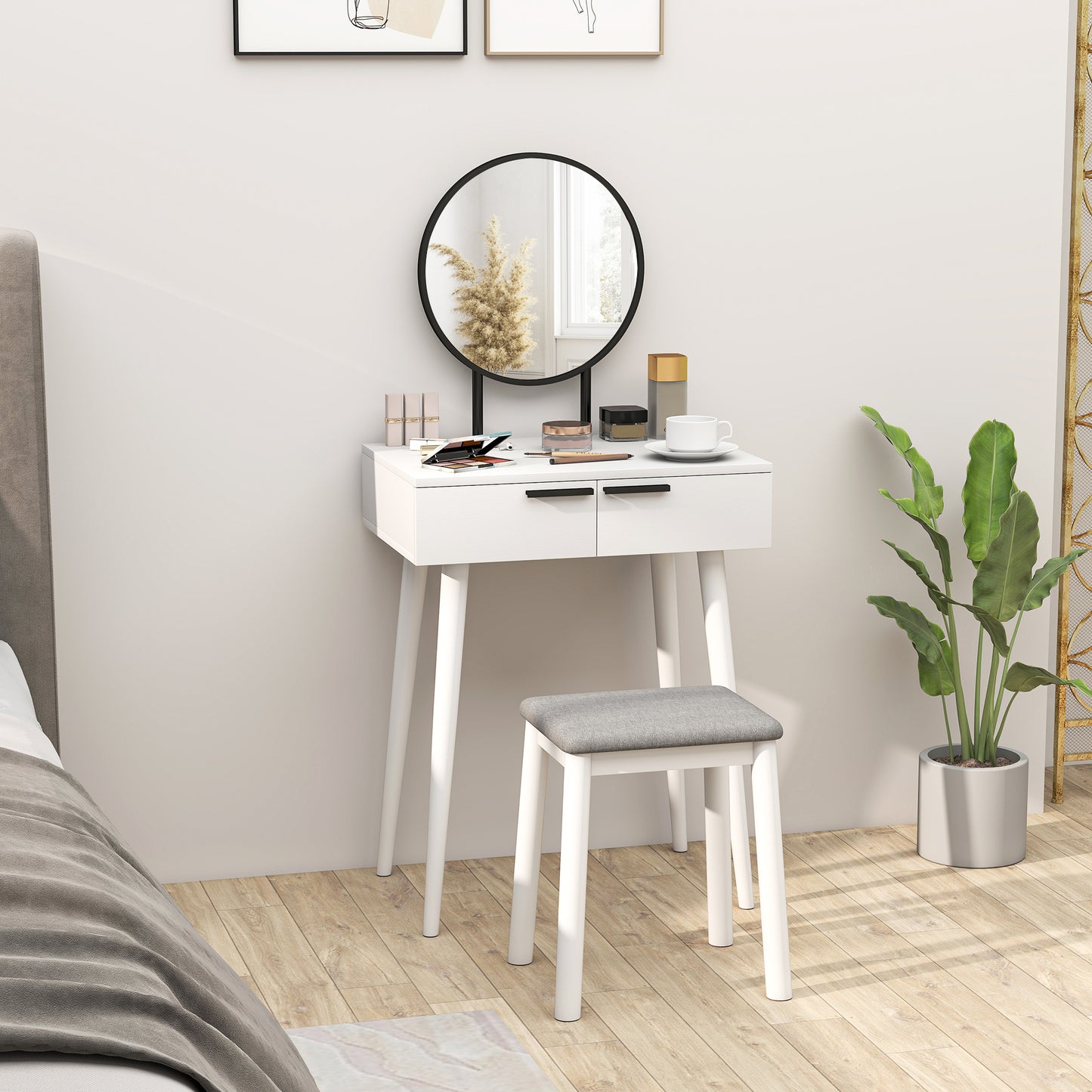 Modern Dressing Table with Round Mirror and Stool, Makeup Vanity Table with 2 Drawers for Bedroom, Living Room