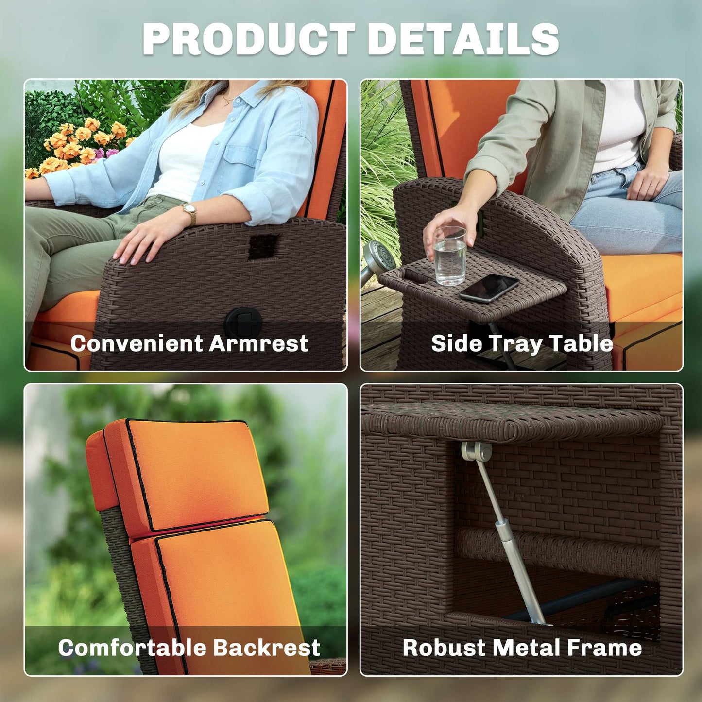 Garden Recliner with Cushion, Outdoor Recliner Chair with Adjustable Backrest & Footrest, Side Tray, Orange