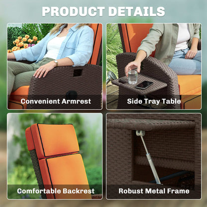 Garden Recliner with Cushion, Outdoor Recliner Chair with Adjustable Backrest & Footrest, Side Tray, Orange