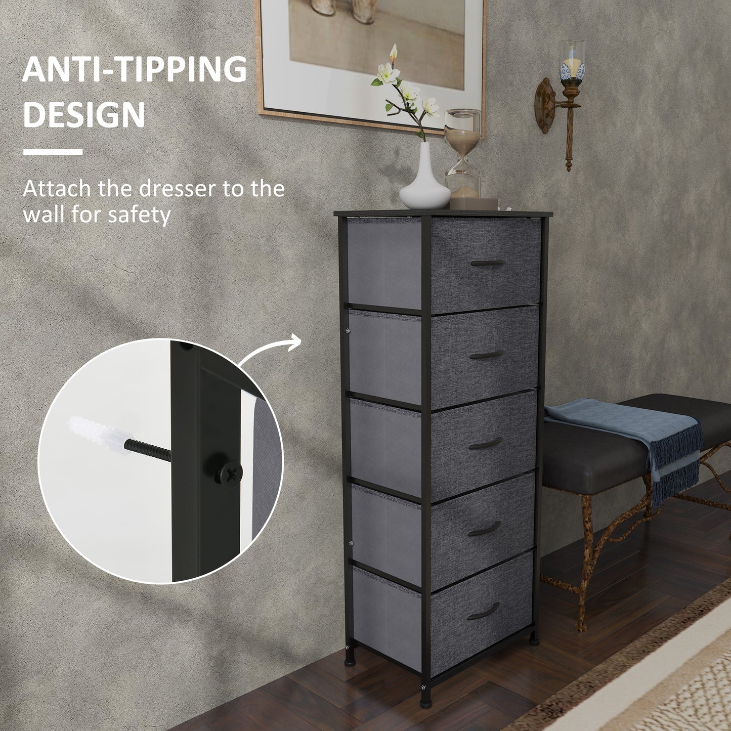 Fabric Chest of Drawers, Industrial Bedroom Dresser with 5 Fabric Drawers, Steel Frame and Wooden Top for Nursery