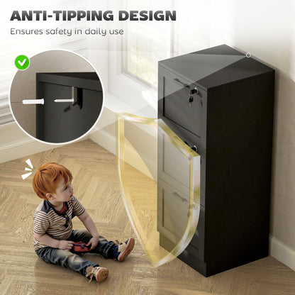 3-Drawer Filing Cabinet with Lock - Black