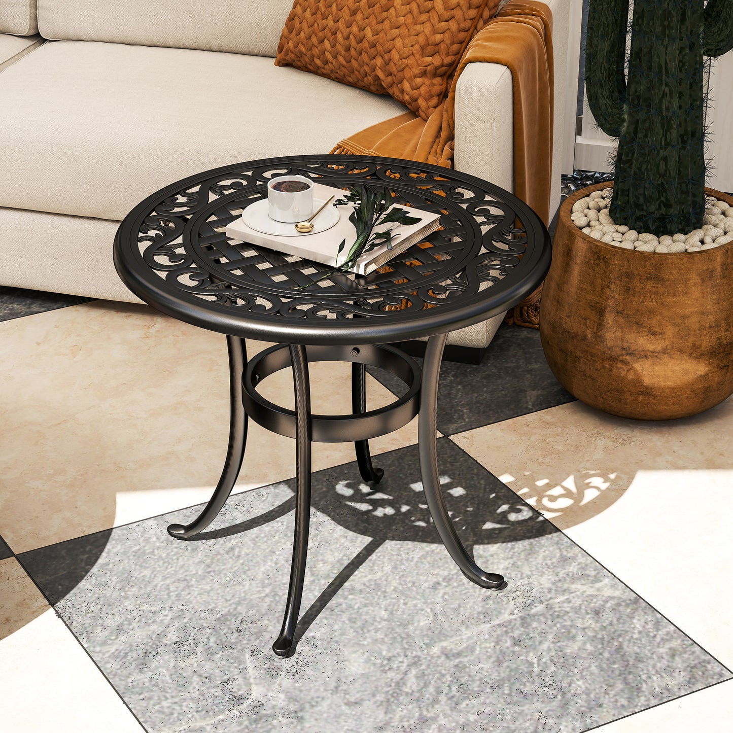 Outdoor Garden Table, Cast Aluminium Patio End Table with Anti-slip Foot Pads for Garden, Patio, Balcony, 60 x 60 cm, Black