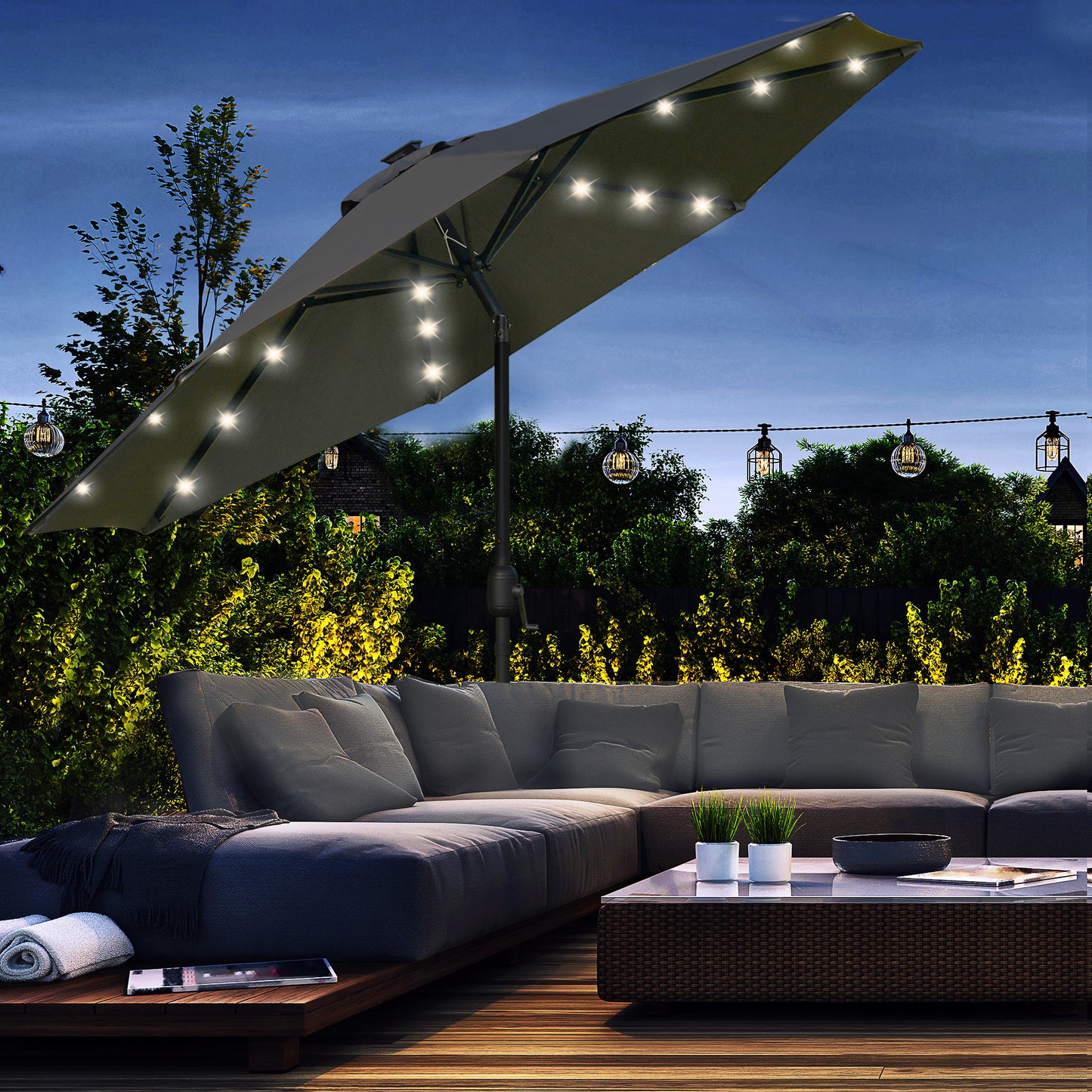 2.7m Patio Garden Umbrella Outdoor Parasol with Tilt Crank and 24 LEDs Lights (Grey)