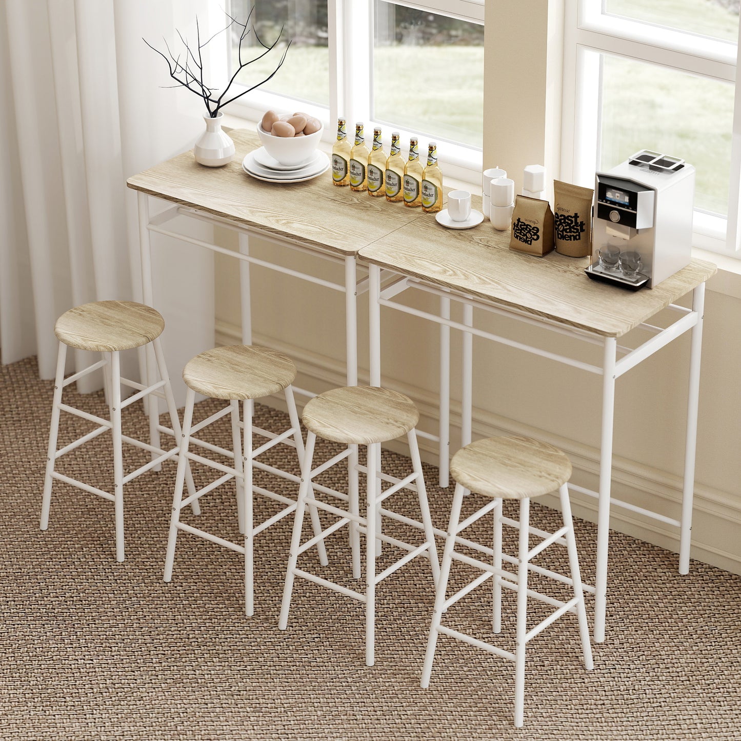 Bar Table Set, Bar Table and Stools Set, Footrest and Storage Shelf, for Kitchen, Dining Room, Pub, Cafe, White and Oak