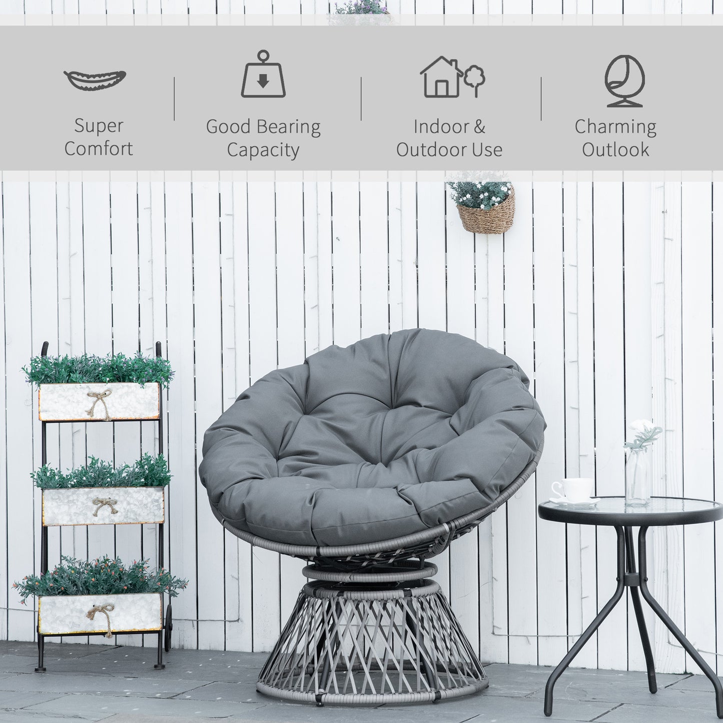 360° Swivel Rattan Papasan Moon Bowl Chair Round Lounge Garden Wicker Basket Seat with Padded Cushion Oversized for Outdoor I